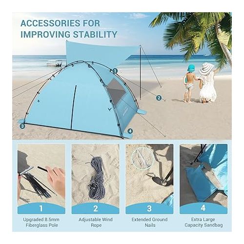  Elegear Beach Tent Sun Shelter with Canopy, 4-5 Person Pop Up Beach Tent, Easy Setup UPF 50+ UV Protection Portable Lightweight Double Silver Coating Beach Cabana Sun Shade Shelter - Sky Blue