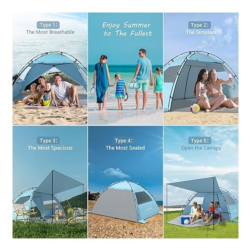  Elegear Beach Tent Sun Shelter with Canopy, 4-5 Person Pop Up Beach Tent, Easy Setup UPF 50+ UV Protection Portable Lightweight Double Silver Coating Beach Cabana Sun Shade Shelter - Sky Blue