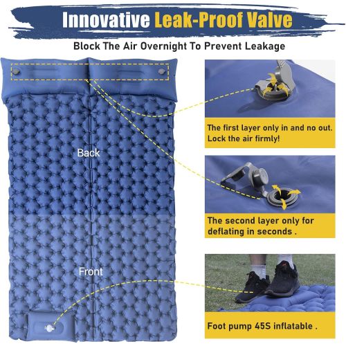  Double Camping Sleeping Pad,Elegear Extra Thickness Self-Inflating Sleep Mat Built-in Foot Pump Ultralight Camp Air Mattress with Pillow for Backpacking, Traveling, Hiking,Tent Com