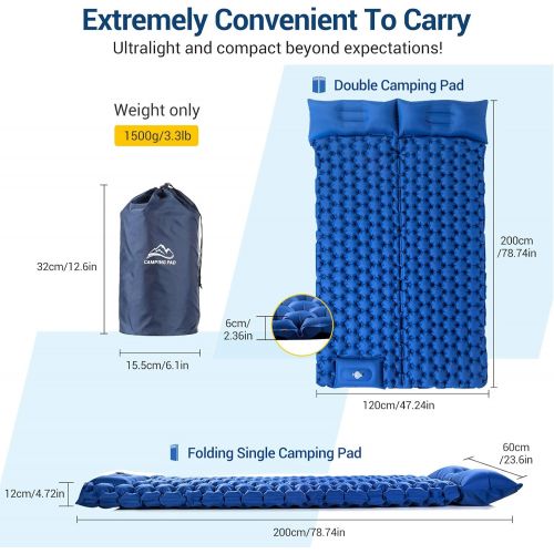  Elegear Sleeping Pad Camping Air Mattress with Pillow, Ultralight Built-in Foot Pump Inflating Compact Mats for Hiking Fishing Backpacking Car Tent Travel with Carry Bag - Double