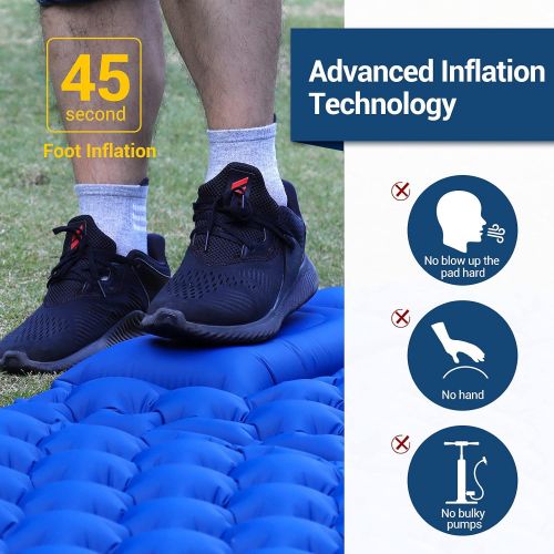  Elegear Sleeping Pad Camping Air Mattress with Pillow, Ultralight Built-in Foot Pump Inflating Compact Mats for Hiking Fishing Backpacking Car Tent Travel with Carry Bag - Double