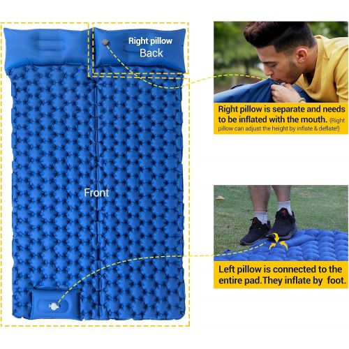  Elegear Sleeping Pad Camping Air Mattress with Pillow, Ultralight Built-in Foot Pump Inflating Compact Mats for Hiking Fishing Backpacking Car Tent Travel with Carry Bag - Double