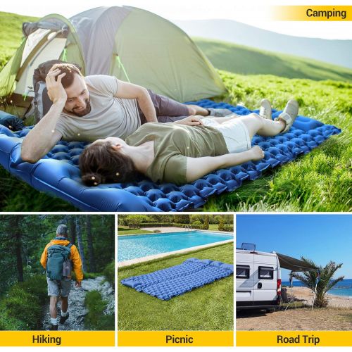  Elegear Sleeping Pad Camping Air Mattress with Pillow, Ultralight Built-in Foot Pump Inflating Compact Mats for Hiking Fishing Backpacking Car Tent Travel with Carry Bag - Double