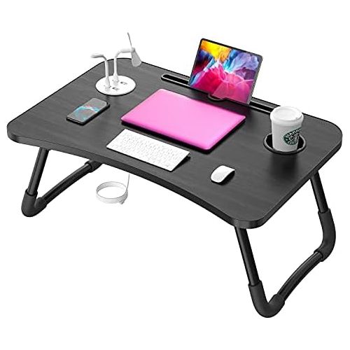  [아마존베스트]Elekin Folding Standing Laptop Desk Multi-Function Laptop Bed Table Stand Lap Desk with USB/Cup Holder for Bed Couch Sofa with Little Gift（Small Table Lamp，Small Fan）