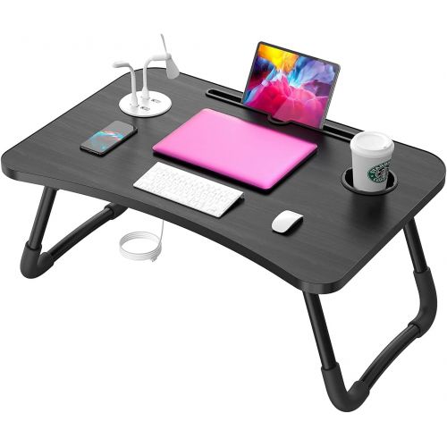  [아마존베스트]Elekin Folding Standing Laptop Desk Multi-Function Laptop Bed Table Stand Lap Desk with USB/Cup Holder for Bed Couch Sofa with Little Gift（Small Table Lamp，Small Fan）