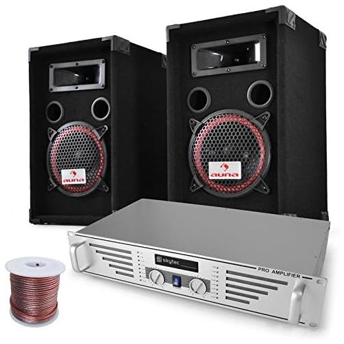  Elektronik Star DJ PA Set Complete Set Funky Breakbeats 1000 Watt with PA Amplifier Skytec & 500 Watt Auna PA Boxes + Cable Set for up to 200 People