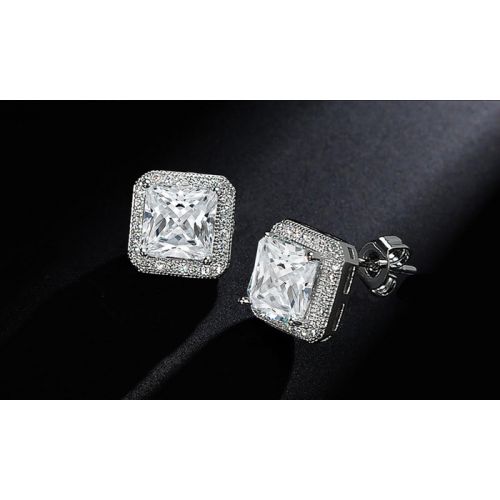  Elements of Love Princess Cut Halo Stud Earrings in 14K Gold Plating Made with Swarovski Crystals