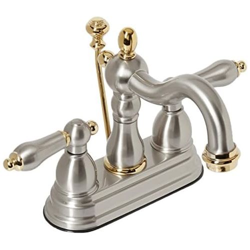  Elements of Design EB1609AL New Orleans 4 Centerset Lavatory Faucet with Retail Pop-Up, 4-3/4 in Spout Reach, Brushed Nickel/Polished Brass