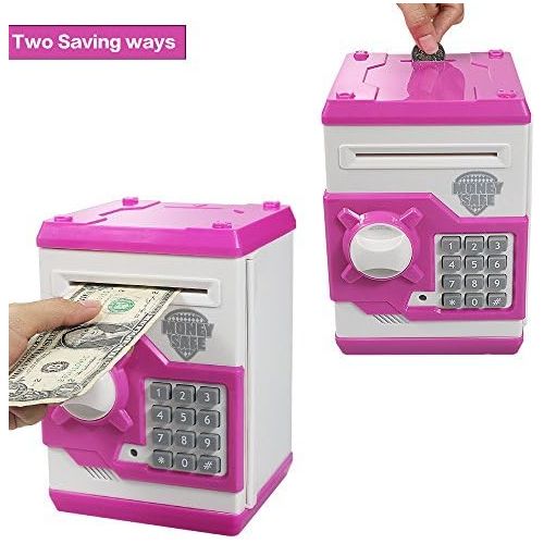  [아마존베스트]Elemusi Cartoon Electronic Password Mini ATM Piggy Bank Cash Coin Can Auto Scroll Paper Money Saving Box, for Children Kids (Pink)