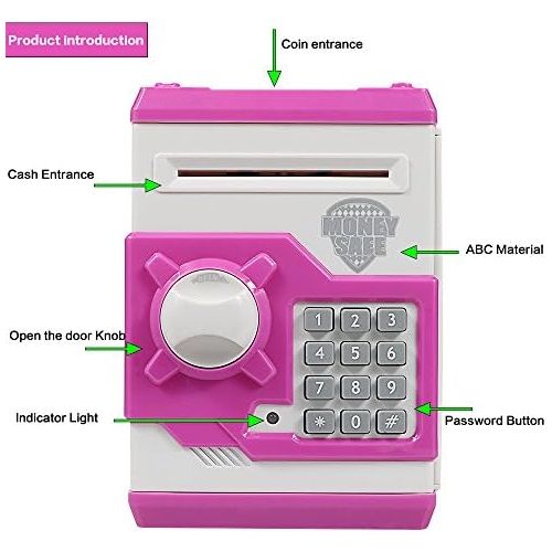  [아마존베스트]Elemusi Cartoon Electronic Password Mini ATM Piggy Bank Cash Coin Can Auto Scroll Paper Money Saving Box, for Children Kids (Pink)