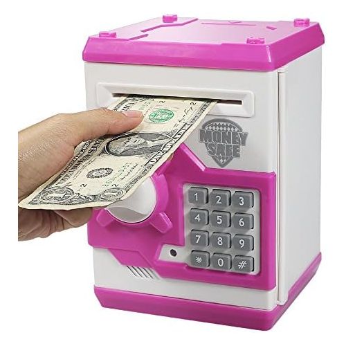  [아마존베스트]Elemusi Cartoon Electronic Password Mini ATM Piggy Bank Cash Coin Can Auto Scroll Paper Money Saving Box, for Children Kids (Pink)