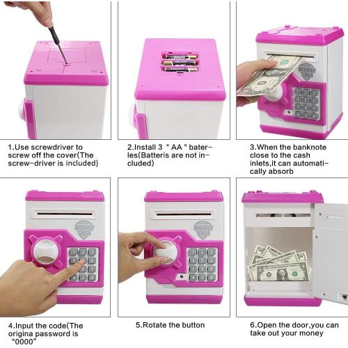  [아마존베스트]Elemusi Cartoon Electronic Password Mini ATM Piggy Bank Cash Coin Can Auto Scroll Paper Money Saving Box, for Children Kids (Pink)