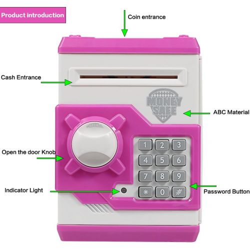  [아마존베스트]Elemusi Cartoon Electronic Password Mini ATM Piggy Bank Cash Coin Can Auto Scroll Paper Money Saving Box, for Children Kids (Pink)