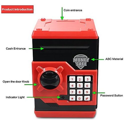  [아마존베스트]Elemusi Cartoon Electronic Password Mini ATM Piggy Bank Cash Coin Can Auto Scroll Paper Money Saving Box, for Children Kids (Red)