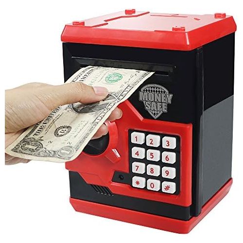  [아마존베스트]Elemusi Cartoon Electronic Password Mini ATM Piggy Bank Cash Coin Can Auto Scroll Paper Money Saving Box, for Children Kids (Red)