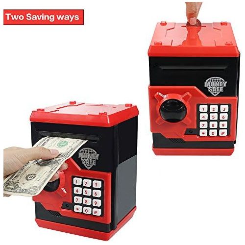  [아마존베스트]Elemusi Cartoon Electronic Password Mini ATM Piggy Bank Cash Coin Can Auto Scroll Paper Money Saving Box, for Children Kids (Red)