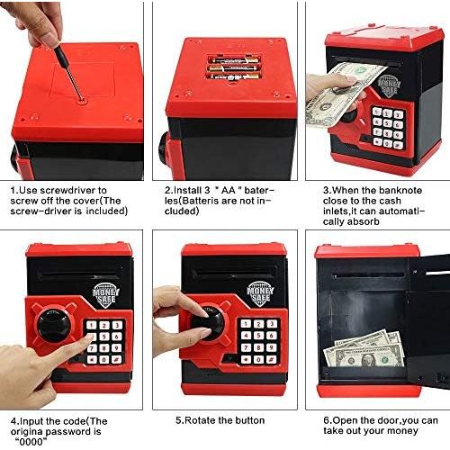  [아마존베스트]Elemusi Cartoon Electronic Password Mini ATM Piggy Bank Cash Coin Can Auto Scroll Paper Money Saving Box, for Children Kids (Red)