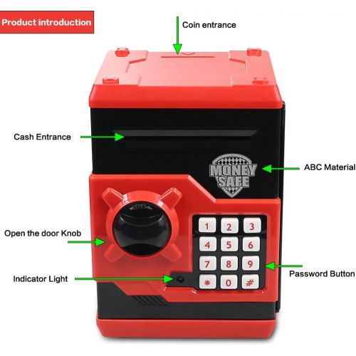  [아마존베스트]Elemusi Cartoon Electronic Password Mini ATM Piggy Bank Cash Coin Can Auto Scroll Paper Money Saving Box, for Children Kids (Red)