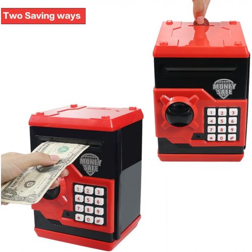  [아마존베스트]Elemusi Cartoon Electronic Password Mini ATM Piggy Bank Cash Coin Can Auto Scroll Paper Money Saving Box, for Children Kids (Red)