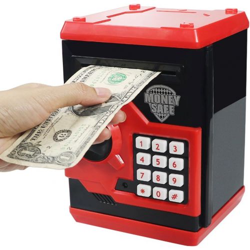  [아마존베스트]Elemusi Cartoon Electronic Password Mini ATM Piggy Bank Cash Coin Can Auto Scroll Paper Money Saving Box, for Children Kids (Red)