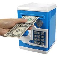 [아마존베스트]Elemusi Cartoon Electronic Password Mini ATM Piggy Bank Cash Coin Can Auto Scroll Paper Money Saving Box, for Children Kids (Blue)