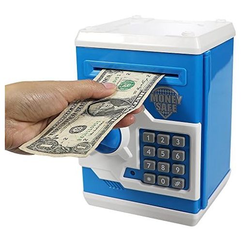  [아마존베스트]Elemusi Cartoon Electronic Password Mini ATM Piggy Bank Cash Coin Can Auto Scroll Paper Money Saving Box, for Children Kids (Blue)