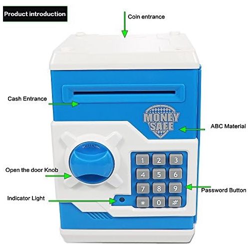  [아마존베스트]Elemusi Cartoon Electronic Password Mini ATM Piggy Bank Cash Coin Can Auto Scroll Paper Money Saving Box, for Children Kids (Blue)