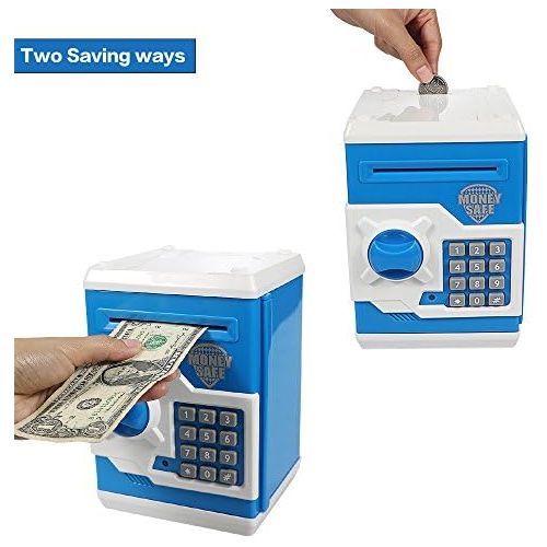  [아마존베스트]Elemusi Cartoon Electronic Password Mini ATM Piggy Bank Cash Coin Can Auto Scroll Paper Money Saving Box, for Children Kids (Blue)