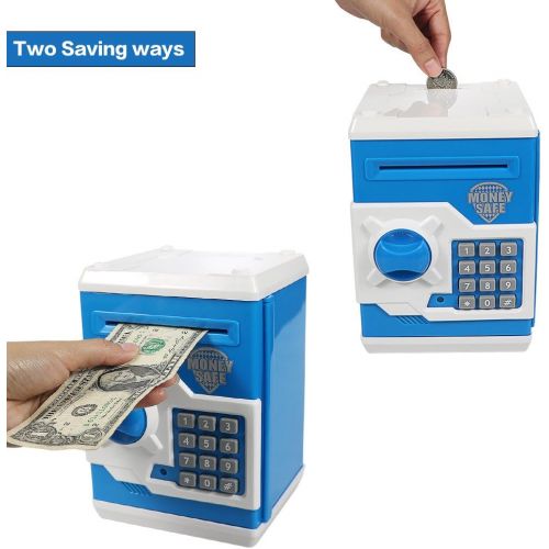  [아마존베스트]Elemusi Cartoon Electronic Password Mini ATM Piggy Bank Cash Coin Can Auto Scroll Paper Money Saving Box, for Children Kids (Blue)