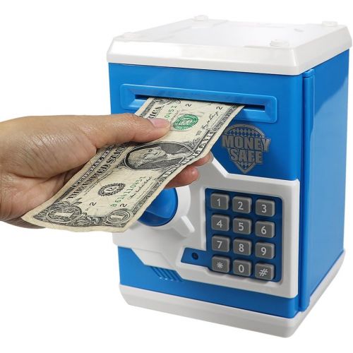  [아마존베스트]Elemusi Cartoon Electronic Password Mini ATM Piggy Bank Cash Coin Can Auto Scroll Paper Money Saving Box, for Children Kids (Blue)