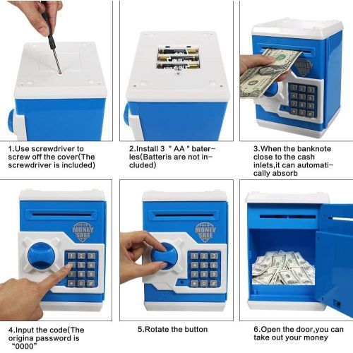  [아마존베스트]Elemusi Cartoon Electronic Password Mini ATM Piggy Bank Cash Coin Can Auto Scroll Paper Money Saving Box, for Children Kids (Blue)