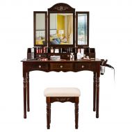 ElevenII Vanity Table Set, Vanity Desk Dressing Makeup Table + Tri-Folding Mirror + Cushioned Stool + 7 Drawers Desk Organizer (Brown)