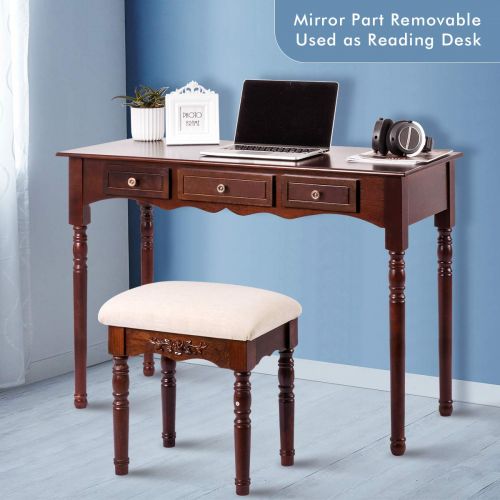  ElevenII Vanity Table Set, Vanity Desk Dressing Makeup Table + Tri-Folding Mirror + Cushioned Stool + 7 Drawers Desk Organizer (Brown)