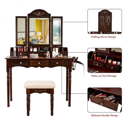  ElevenII Vanity Table Set, Vanity Desk Dressing Makeup Table + Tri-Folding Mirror + Cushioned Stool + 7 Drawers Desk Organizer (Brown)