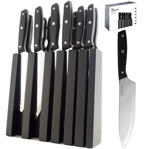  Elever Knife Set - Kitchen Knife Set with Block, 13 Kitchen Knives with Knife Sharpener, Chef Knife, Kitchen Scissors, Steak Knives. Modern Knives Kitchen Set, House Kitchen Decor,