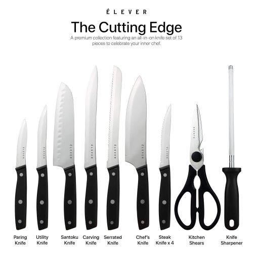  Elever Knife Set - Kitchen Knife Set with Block, 13 Kitchen Knives with Knife Sharpener, Chef Knife, Kitchen Scissors, Steak Knives. Modern Knives Kitchen Set, House Kitchen Decor,