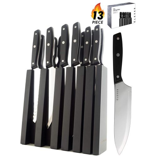  Elever Knife Set - Kitchen Knife Set with Block, 13 Kitchen Knives with Knife Sharpener, Chef Knife, Kitchen Scissors, Steak Knives. Modern Knives Kitchen Set, House Kitchen Decor,