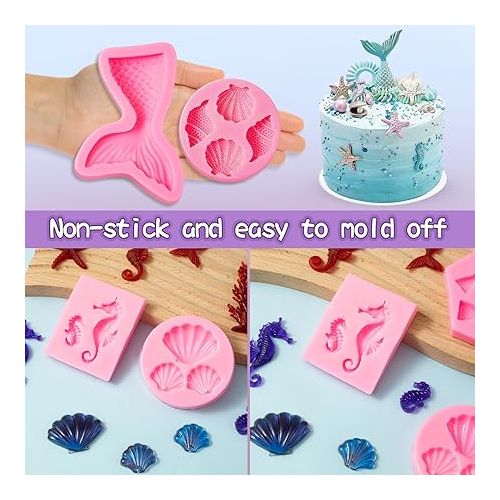  Marine Theme Fondant Silicone Mold,Seashell,conch, Mermaid Tail,Seahorse,starfish,coral, DIY Handmade Baking Tools for Mermaid Theme Cake Decoration