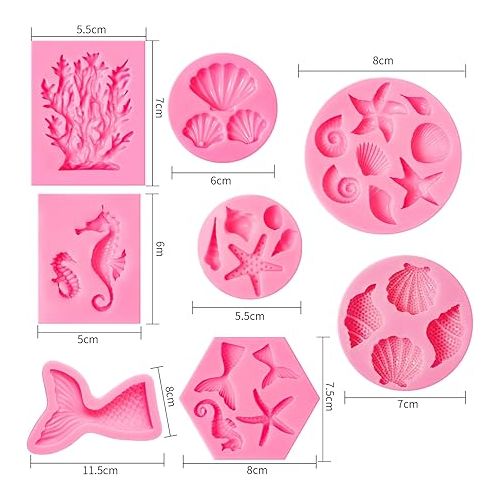  Marine Theme Fondant Silicone Mold,Seashell,conch, Mermaid Tail,Seahorse,starfish,coral, DIY Handmade Baking Tools for Mermaid Theme Cake Decoration