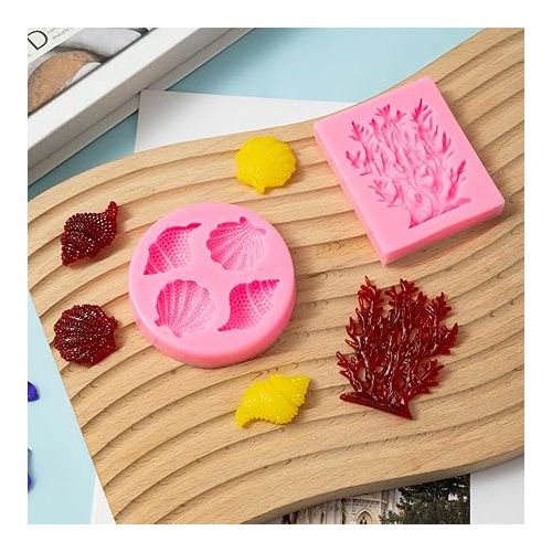  Marine Theme Fondant Silicone Mold,Seashell,conch, Mermaid Tail,Seahorse,starfish,coral, DIY Handmade Baking Tools for Mermaid Theme Cake Decoration