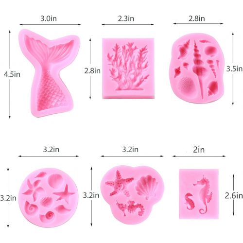  [아마존베스트]W-sugars Marine Theme Fondant Silicone Mold,Seashell,conch, Mermaid Tail,Seahorse,starfish,coral, DIY Handmade Baking Tools for Mermaid Theme Cake Decoration(6pack)