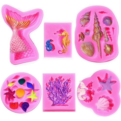  [아마존베스트]W-sugars Marine Theme Fondant Silicone Mold,Seashell,conch, Mermaid Tail,Seahorse,starfish,coral, DIY Handmade Baking Tools for Mermaid Theme Cake Decoration(6pack)