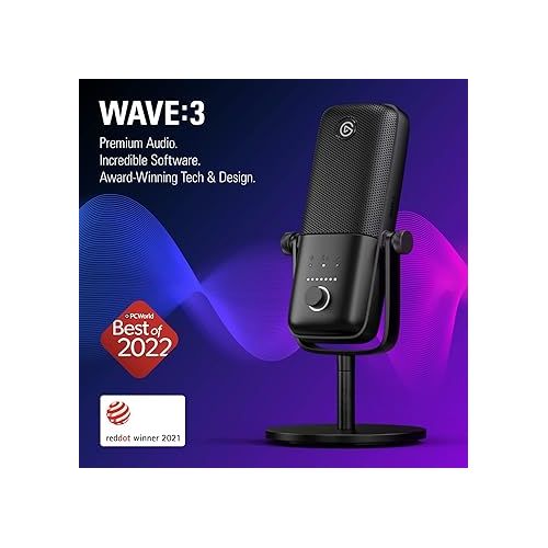  Elgato Wave:3 - Premium Studio Quality USB Condenser Microphone for Streaming, Podcast, Gaming and Home Office, Free Mixer Software, Sound Effect Plugins, Anti-Distortion, Plug ’n Play, for Mac, PC