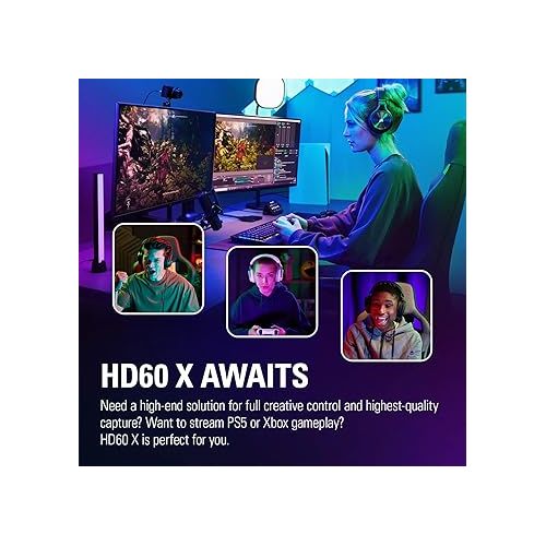  Elgato HD60 X - Stream and record in 1080p60 HDR10 or 4K30 with ultra-low latency on PS5, PS4/Pro, Xbox Series X/S, Xbox One X/S, in OBS and more, works with PC and Mac