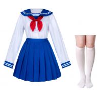 Elibelle Japanese School Girls Sailor JK Uniform Bule Pleated Skirt Anime Cosplay Costumes with Socks Set(SSF31)