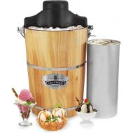 Elite Gourmet Old Fashioned 6 Quart Vintage Wood Bucket Electric Ice Cream Maker Machine Appalachian, Bonus Classic Die-Cast Hand Crank for Churning, Uses Ice and Rock Salt Churns Ice Cream in Minute