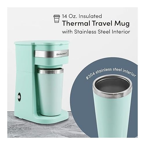  Elite Gourmet EHC117M Personal Single-Serve Compact Coffee Maker Brewer Includes 14Oz. Thermal Travel Mug with Stainless Steel Interior, Compatible with Coffee Grounds, Reusable Filter, Mint