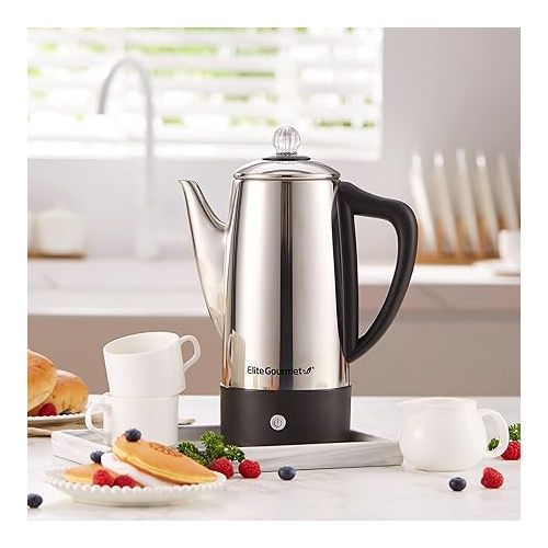  Elite Gourmet EC812 Electric 12-Cup Coffee Percolator with Keep Warm, Clear Brew Progress Knob Cool-Touch Handle Cord-less Serve, Stainless Steel