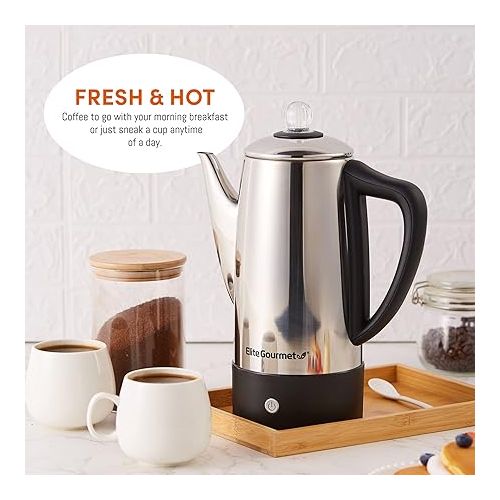  Elite Gourmet EC812 Electric 12-Cup Coffee Percolator with Keep Warm, Clear Brew Progress Knob Cool-Touch Handle Cord-less Serve, Stainless Steel