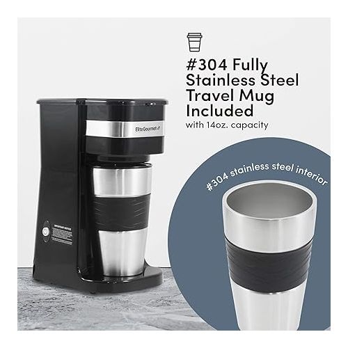  Elite Gourmet EHC111A Personal Single-Serve Compact Coffee Maker Brewer Includes 14Oz. Stainless Steel Interior Thermal Travel Mug, Compatible with Coffee Grounds, Reusable Filter, Black